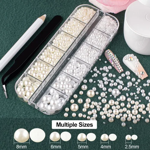 Vista 3 de Kit de diamantes de imitación y perlas con parte trasera plana, cristal redondo AB y gemas blancas transparentes+perlas blancas y beige