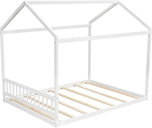 Vista 14 de Harper & Bright Designs Marco de cama de casa tamaño Queen, marco de cama Montessori de madera con cabecero, cama de piso para niños para niñas, Gris