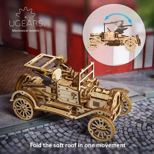 Vista 3 de UGEARS Classic Model Car 3D Puzzle - Folding Roof, Functional 4 Cylinder Engine - Retro Auto DIY for Adults & Kids