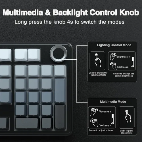 Vista 5 de AULA Teclado mecánico inalámbrico F99 Pro con perilla, estructura de junta, triple modo BT5.0USB-C2.4GHz teclado intercambiable en caliente, sonido
