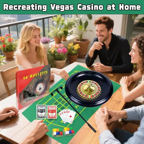 Vista 6 de Juego de ruedas de ruleta profesional de 16 pulgadas con 120 fichas, 2 mazos de cartas, tapete de mesa de juego reversible, rastrillo y bolas