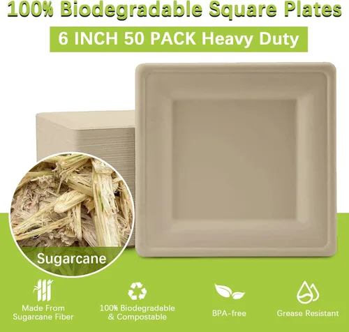 Vista 6 de Platos desechables de 6 pulgadas, paquete de 50 platos cuadrados 100% compostables, platos de bagazo biodegradables y ecológicos, platos de cena