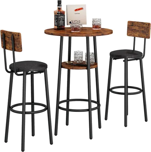 Vista 4 de Juego de mesa de comedor de 3 piezas para 2, pequeña mesa de cocina redonda con 2 sillas, mesa de bar de altura de mostrador con almacenamiento
