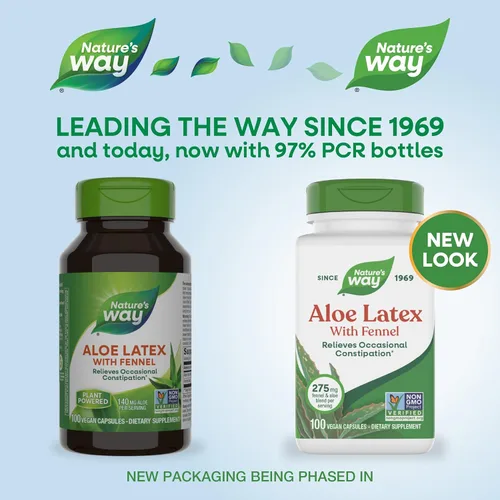 Vista 2 de Nature's Way Látex de aloe con hinojo, cápsulas de aloe vera para estreñimiento ocasional*, proyecto verificado sin OMG, sin gluten, 100 cápsulas