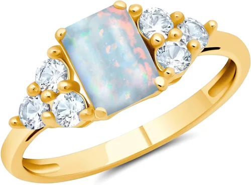 MAX + STONE 10k Yellow or White Gold Ring for Women with Emerald Cut Gemstone and Created White Sapphire Accents Birthstone Anniversary Ring Size 5