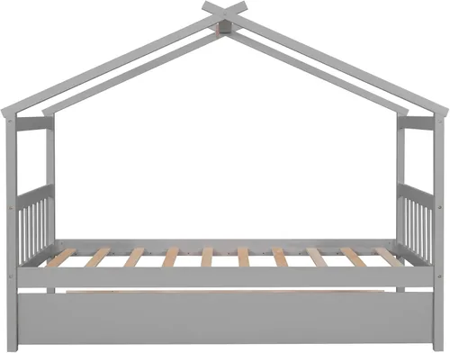 Vista 211 de Merax Cama de madera de tamaño individual con dos cajones, marco de cama de madera con techo para niños, adolescentes, niños o niñas, gris