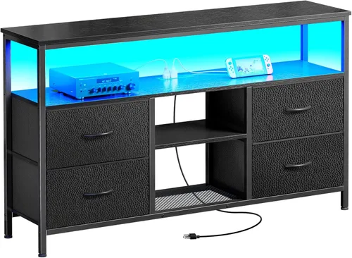 Huuger - Soporte de TV de 47 pulgadas con tomacorrientes y luces LED, cómoda de tela para dormitorio con almacenamiento, centro de entretenimiento