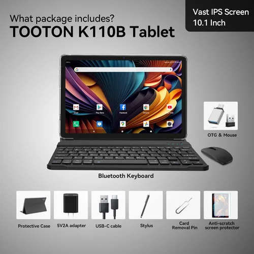 Vista 7 de Tableta 2025 de 10.1 pulgadas 2 en 1 Android con teclado Octa-Core 8 (4+4 virtual)+128 GB de almacenamiento 1 TB expandible, cámara de 13+8 MP