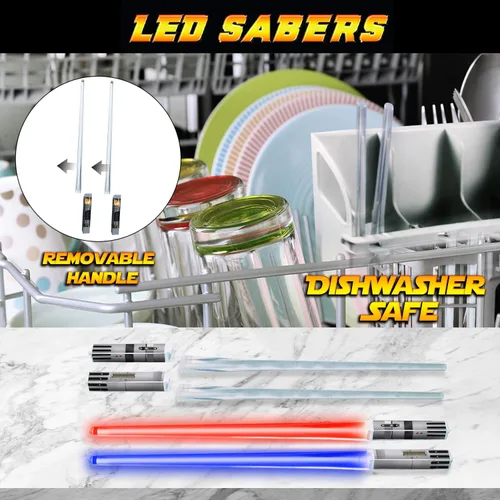 Vista 4 de LIGHTSABER CHOPSTICKS LIGHT UP STAR LED WARS Glowing Light Saber Chop Sticks REUSABLE Sushi Lightup Sabers Removable Handle Dishwasher Safe 8
