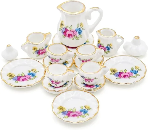 Vista 13 de Odoria Juego de té de porcelana en miniatura 1/12, 15 piezas, accesorios de decoración de casa de muñecas, flor de ciruelo