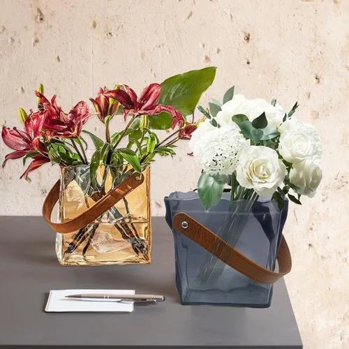 Vista 4 de Florero transparente con asa – Florero de cristal para flores, jarrones decorativos únicos de 6 pulgadas, jarrón grande fresco para centros de mesa