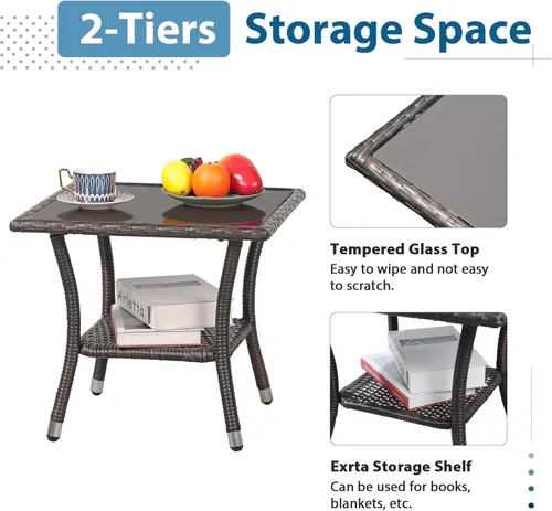 Vista 5 de Super Patio Mesa auxiliar de mimbre para patio al aire libre, mesa de centro de mimbre cuadrada con parte superior de vidrio, marco de aluminio