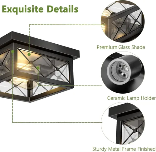 Vista 7 de Asnxcju Luminarias de Techo Estilo Granja para Montaje, Lámpara de Techo Empotrada Negra de 2 Luces con Pantalla de Vidrio Transparente, Lámpara
