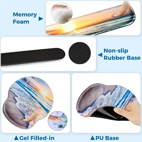 Vista 5 de Alfombrilla de mouse y soporte para reposamuñecas para teclado, con base de poliuretano antideslizante, alfombrilla de mouse de gel con posavasos