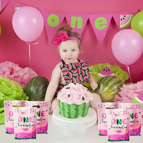 Vista 5 de 50 bolsas de regalo de melón con temática de sandía, impermeable, con asas troqueladas, bolsas de regalo de plástico brillante de verano para niños