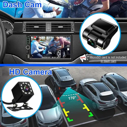 Vista 3 de Estéreo de coche de doble DIN con cámara de tablero, compatible con Apple Carplay, Android Auto, receptor de radio de coche con pantalla táctil de 7