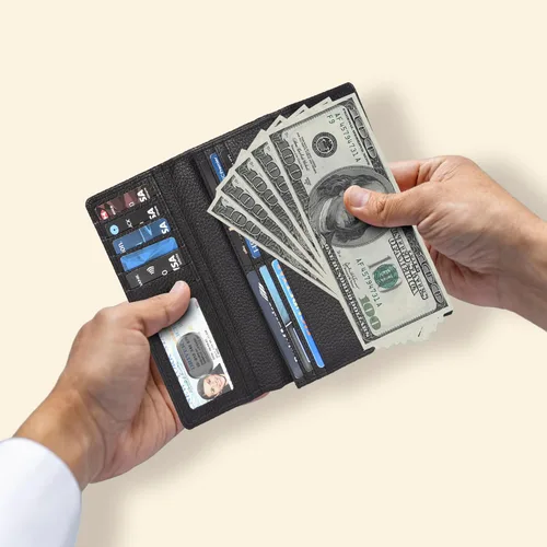 Vista 4 de Cartera de piel auténtica para mujer con bloqueo RFID, tarjetero triple para mujer, con ventana de identificación