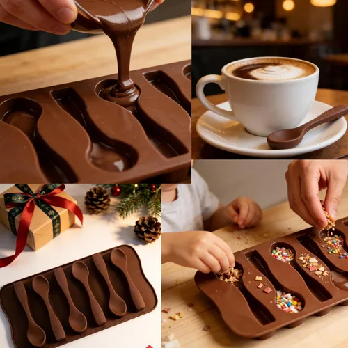 Vista 4 de Elome Molde de silicona para chocolate en forma de cuchara, 1 bandeja para cubitos de hielo para hornear, jabón, vela, fondant, decoración de pastel