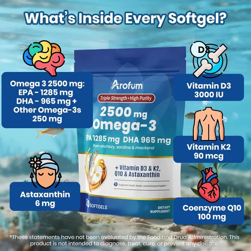 Vista 3 de Aceite de pescado Omega 3 con vitamina D3 K2 – 300 cápsulas blandas sin eructos con sabor a limón Suplementos de aceite de pescado Omega 3 que