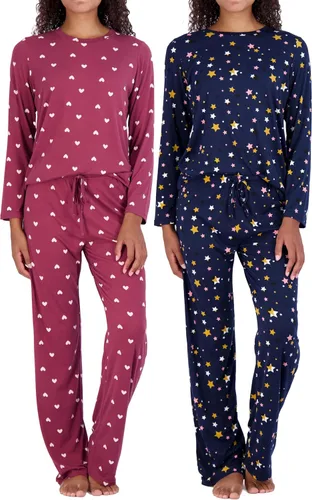 Real Essentials 2 Pack Womens Pajama Set Super-Soft Short & Long Sleeve Top With Pants (Available In Plus Size)