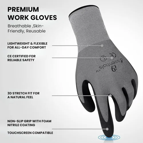 Vista 8 de I9 Essentials 12 pares de guantes de trabajo de microespuma con revestimiento de nitrilo para pantalla táctil, guantes de seguridad de agarre