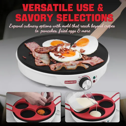Vista 2 de SugarWhisk Crepe Maker Eléctrico, sartén para crepes de 12 pulgadas con 5 moldes de silicona de 4", máquina para hacer panqueques para panqueques