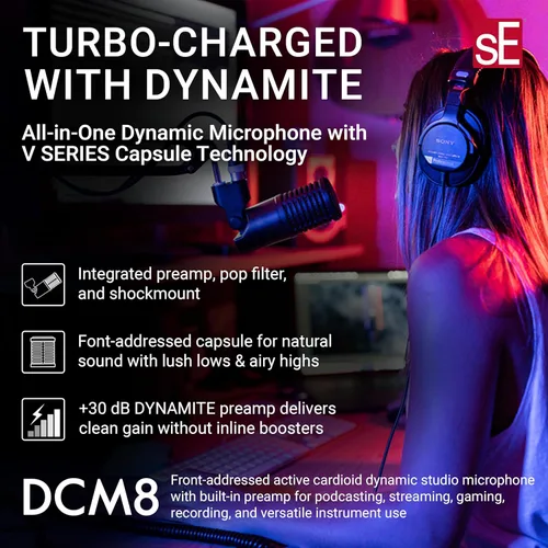 Vista 2 de SE ELECTRONICS DynaCaster DCM8 Micrófono dinámico con preamplificador integrado, montaje de choque y filtro pop - Micrófono dinámico cardioide