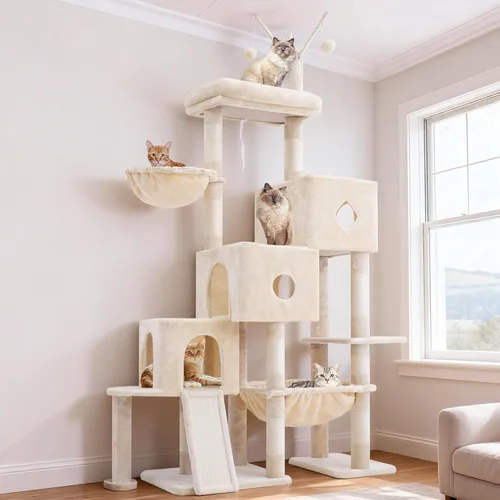Vista 11 de Hey-brother Torre para Gatos, Postes Rascadores con Plataforma Grande, 2 Condos, Hamaca Espaciosa, Cesta Acogedora, Tablero de Sisal para Gatos