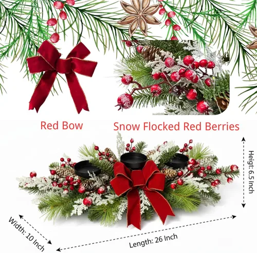 Vista 4 de Portavelas de Navidad, decoración de Navidad, 3 portavelas con cono de pino flocado de nieve, bayas rojas y lazo rojo para centro de mesa