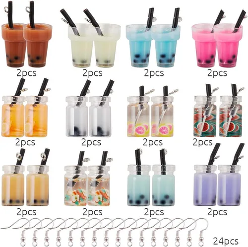 Vista 2 de SUNNYCLUE 1 caja DIY 12 pares de aretes Boba Kit de fabricación de aretes de té con leche y perlas, dijes de té con leche, dijes de Boba Mini