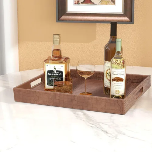 Vista 3 de HofferRuffer Bandeja rectangular de servir con asas con agujeros para mesa de café, desayuno, té, comida, bandeja de servicio para mostrador