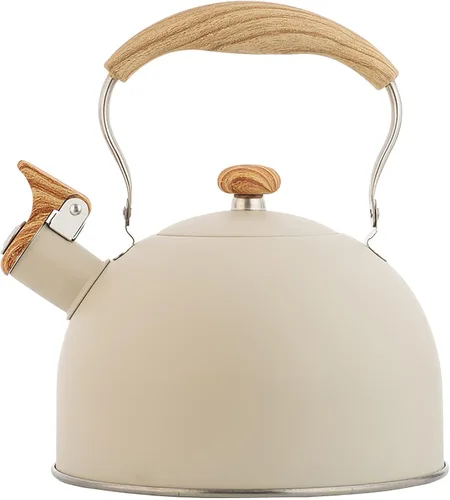 Vilihkc Hervidor de té de 2.6 litros, tetera para estufa, acero inoxidable de grado alimenticio con mango plegable con patrón de madera, silbato