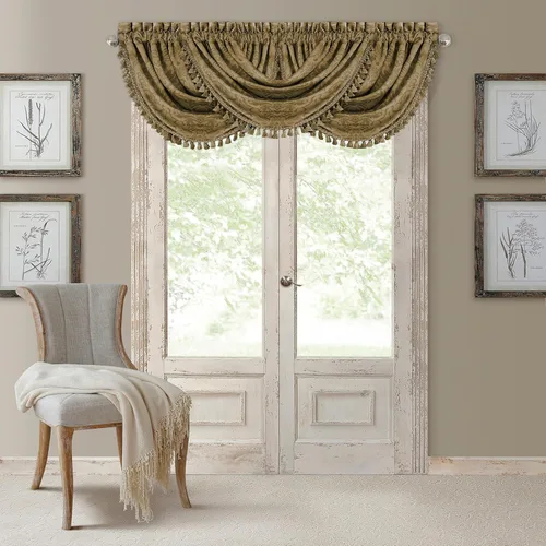 Elrene Home Fashions Antonia - Cenefa de ventana floral de damasco en cascada con borlas, 52 x 36 pulgadas, oro antiguo