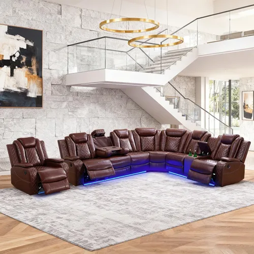 Vista 30 de Juego de sofá modular reclinable eléctrico para sala de estar, juego de sofá reclinable de cuero con luces LED / almacenamiento oculto, sofá