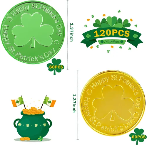 Vista 2 de OHOME Monedas de oro para el Día de San Patricio, 120 monedas de plástico de trébol verde y dorado, accesorios para el día de San Patricio
