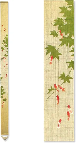 Tapiz japonés para colgar en la pared (pez dorado y arce), mini largo y estrecho, hecho en lino japonés, 100% lino japonés, asiático, oriental,
