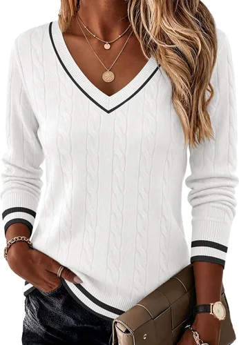 Vista 8 de Ekouaer Suéter de punto trenzado con cuello en V para mujer, manga larga Negro