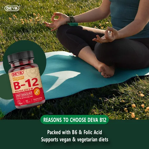 Vista 6 de DEVA Suplemento vegano de disolución rápida de vitamina B12, complejo una vez al día con 1000 Mcg de metilcobalamina B12, ácido fólico, B6, sabor a
