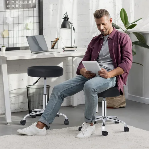 Vista 7 de Nouva Taburete redondo de cuero sintético con reposapiés, taburetes giratorios hidráulicos ajustables en altura, taburetes redondos de cuero PU