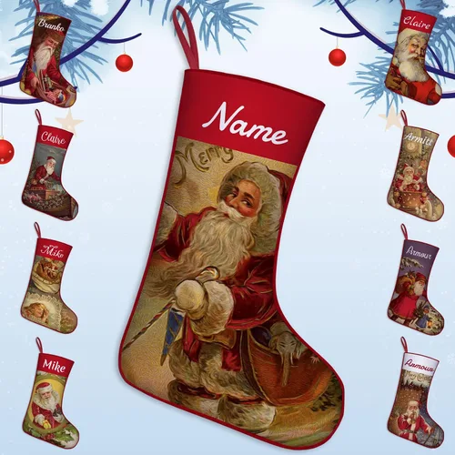 Calcetines de Navidad personalizados de Papá Noel bordados con nombre personalizado, medias vintage para decoración familiar de Navidad, decoración