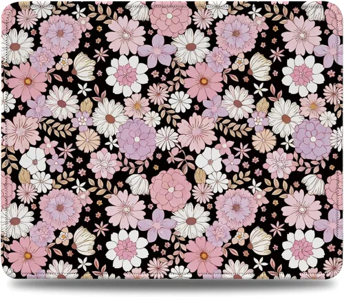 Bonita alfombrilla de mouse con flores florales rosadas, alfombrillas de mouse negras estéticas florales de Cottagecore, alfombrilla de mouse retro