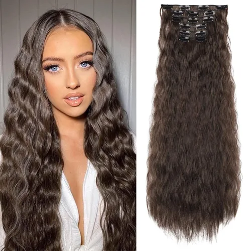 Vista 8 de Extensiones de cabello con clip, 6 unidades, extensiones de cabello largas con ondas de sirena, sintético, postizo para mujer, 24 pulgadas
