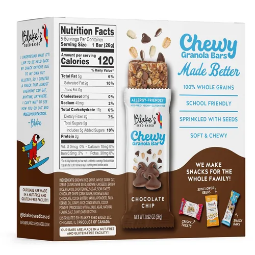 Vista 8 de Blake's Seed Based Barras de granola masticables, con chispas de chocolate (5 unidades), veganas, sin gluten, sin nueces y sin lácteos, aperitivos