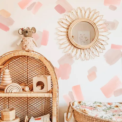 Vista 6 de Calcomanías de pared de tela, calcomanías de pared abstractas de acuarela rosa con pinceladas, calcomanías de pared para niños, calcomanías de pared