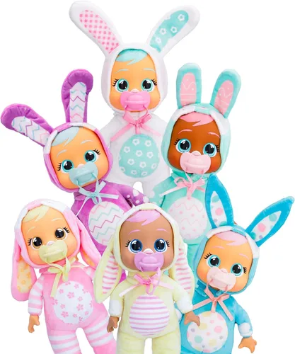 Vista 5 de Cry Babies Tiny Cuddles Bunnies Lola - Muñeca bebé de 9 pulgadas, lágrimas reales de llanto, pijama con temática de conejo rosa