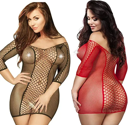 LOVELYBOBO Paquete de 2 mallas sin costuras para mujer de talla grande lencería sexy agujero de malla mangas completas negrorojo