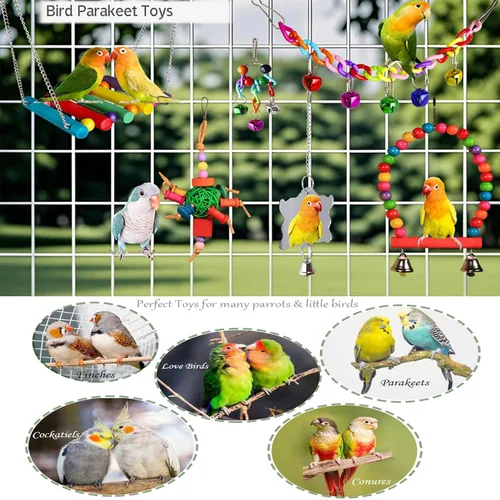 Vista 3 de 8 piezas de juguetes para pájaros y cacatúas, accesorios de jaula de loros, juguete de madera para masticar, perca para periquitos, conures, pájaros