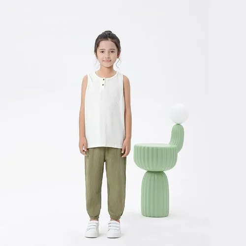 Vista 2 de GFQLONG Pantalones harén de algodón y lino de color liso para niño y niña, para verano, otoño