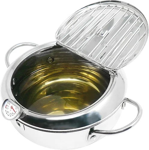 Vista 9 de Olla para freír (°F), Tempura japonesa pequeña olla profunda con termómetro Fahrenheit, freidora de acero inoxidable 304 con rejilla de drenaje