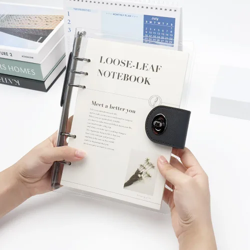 Vista 6 de Carpeta A5 transparente recargable para cuaderno con 90 hojas de papel forrado, color negro, 6 anillas, suave, transparente, cubierta protectora